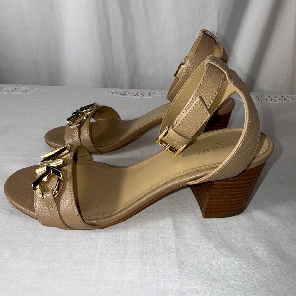 Michael Kors Women’s Nude Pebbled Leather Block Heel Sandals Gold MK Accent 3” H